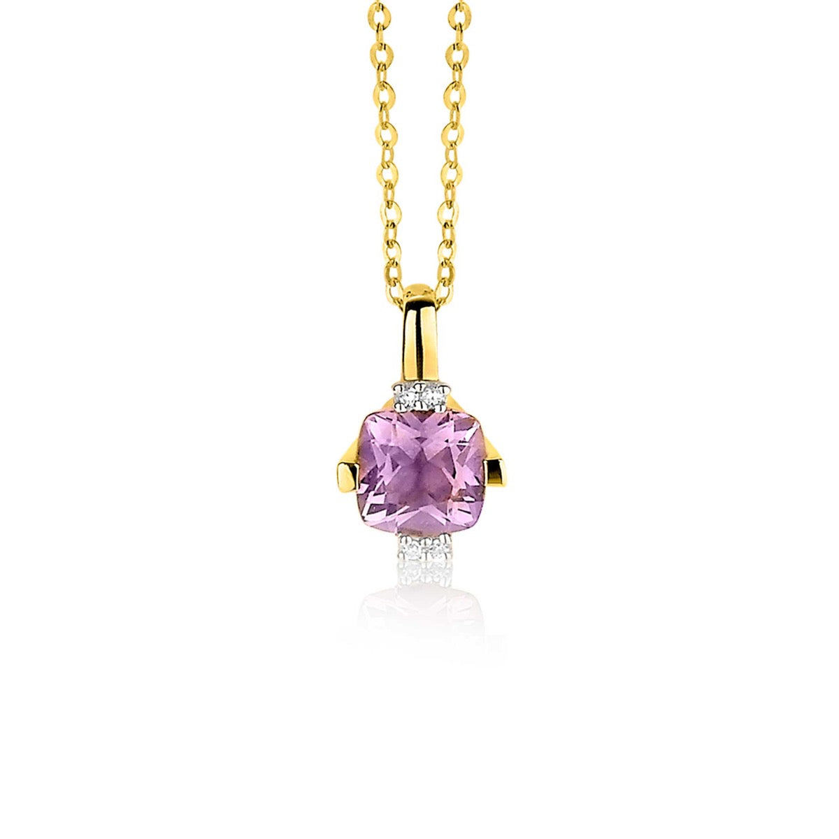 Colgante dorado con piedra rosa y detalles en circonitas.