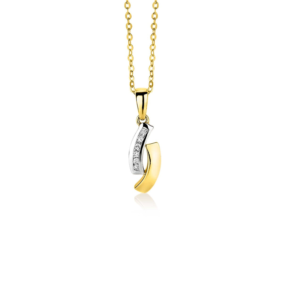 Colgante dorado con detalles plateados y piedras brillantes, suspendido de una cadena fina.
