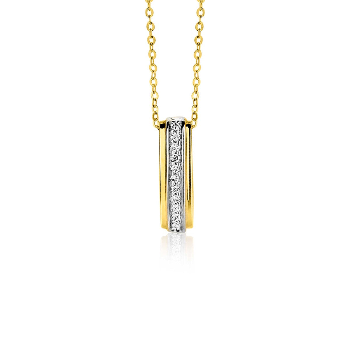 Colgante dorado con detalles plateados y piedras brillantes, suspendido de una cadena fina.