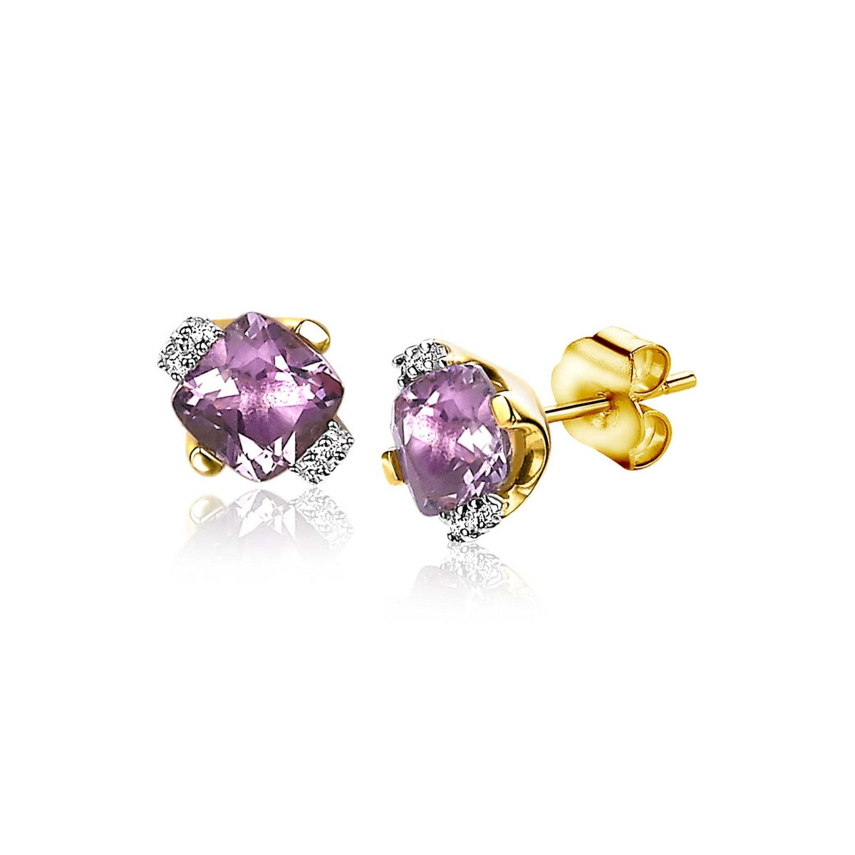 Pendientes de oro con piedra púrpura y detalles en plata.