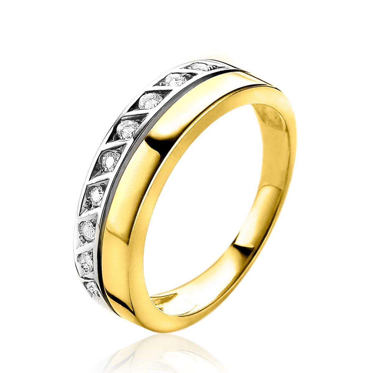 Anillo de oro con detalles en plata y piedras brillantes en forma de diamante.