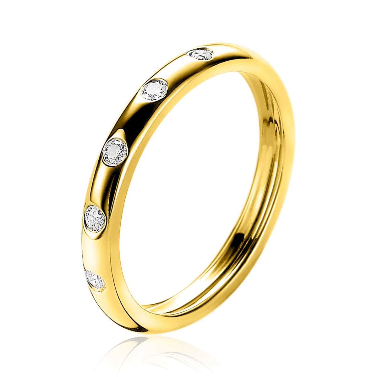 Anillo dorado con diamantes engastados en forma de gota.