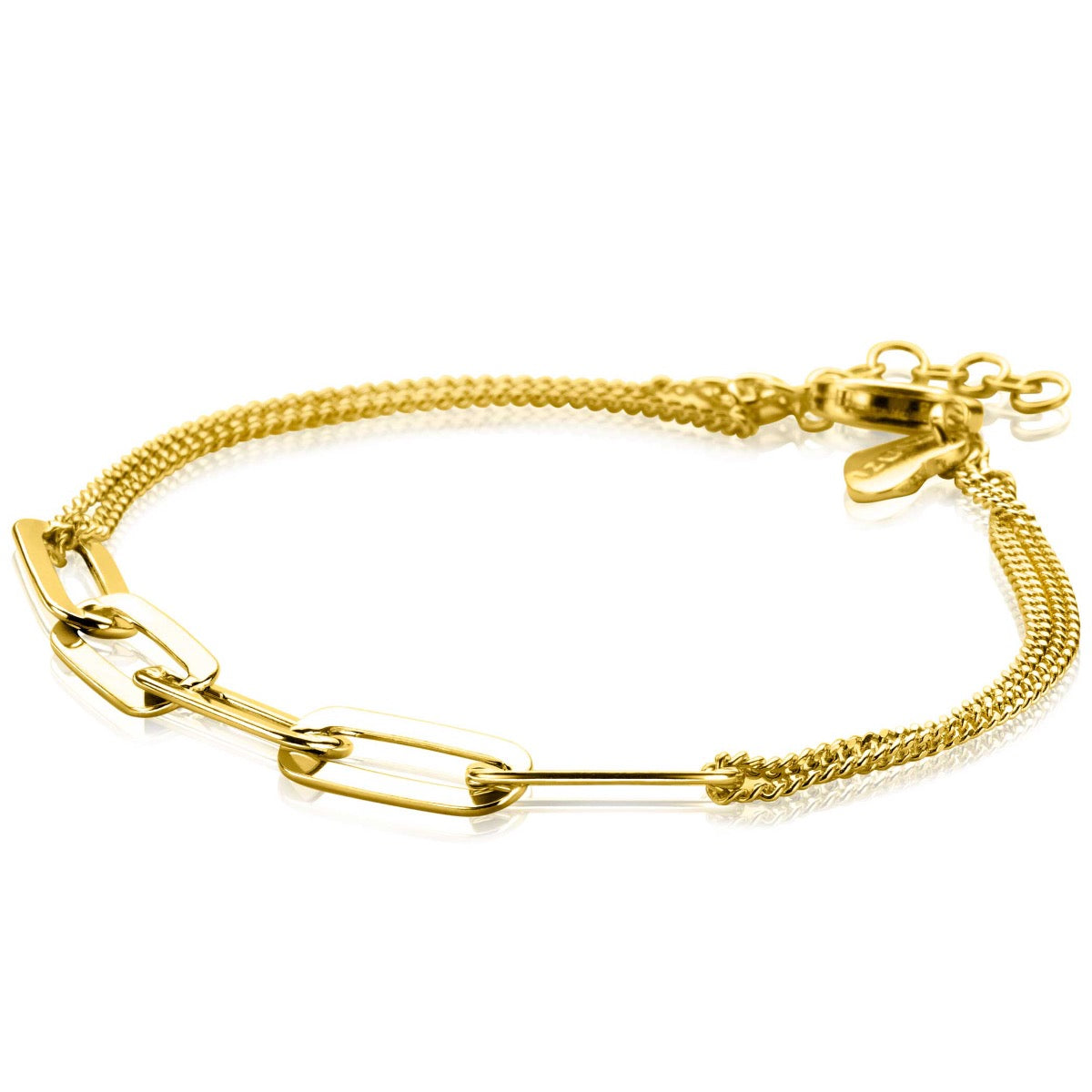 Pulsera dorada con eslabones y cadena trenzada, detalle de cierre en forma de mosquetón.