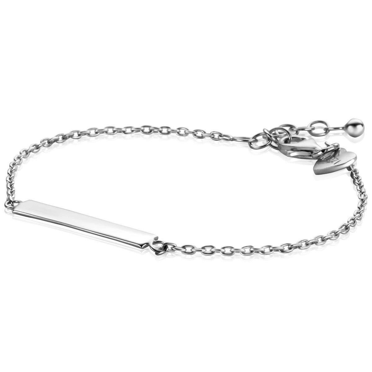 Pulsera de plata con una placa rectangular y cadena delicada.