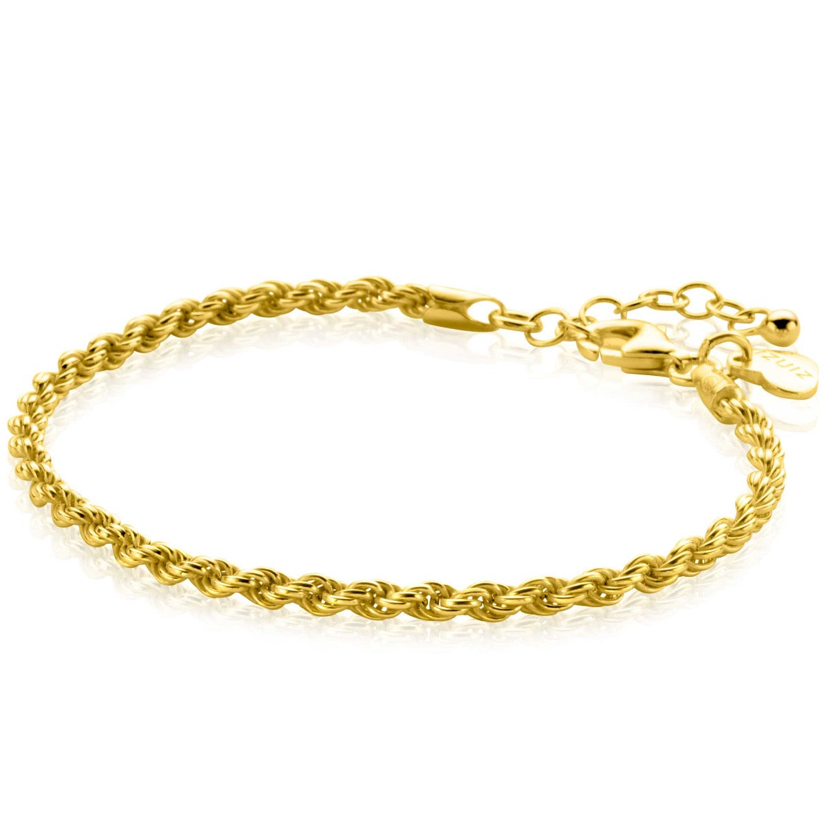 Pulsera dorada trenzada con cierre ajustable y detalles brillantes.