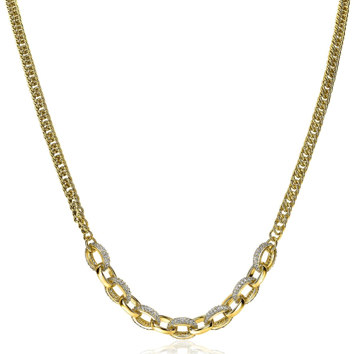 Cadena dorada con eslabones alternos y detalles brillantes.