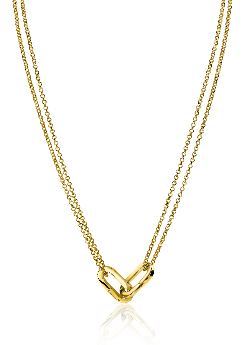 Collar dorado de dos cadenas con un colgante en forma de eslabón.