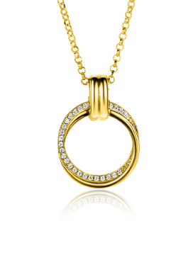 Collar dorado con colgante circular adornado con circonitas brillantes.