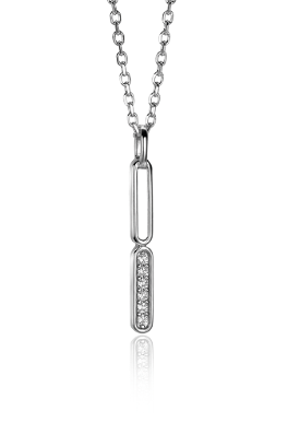Collar de plata con colgante rectangular y detalles de circonitas brillantes.