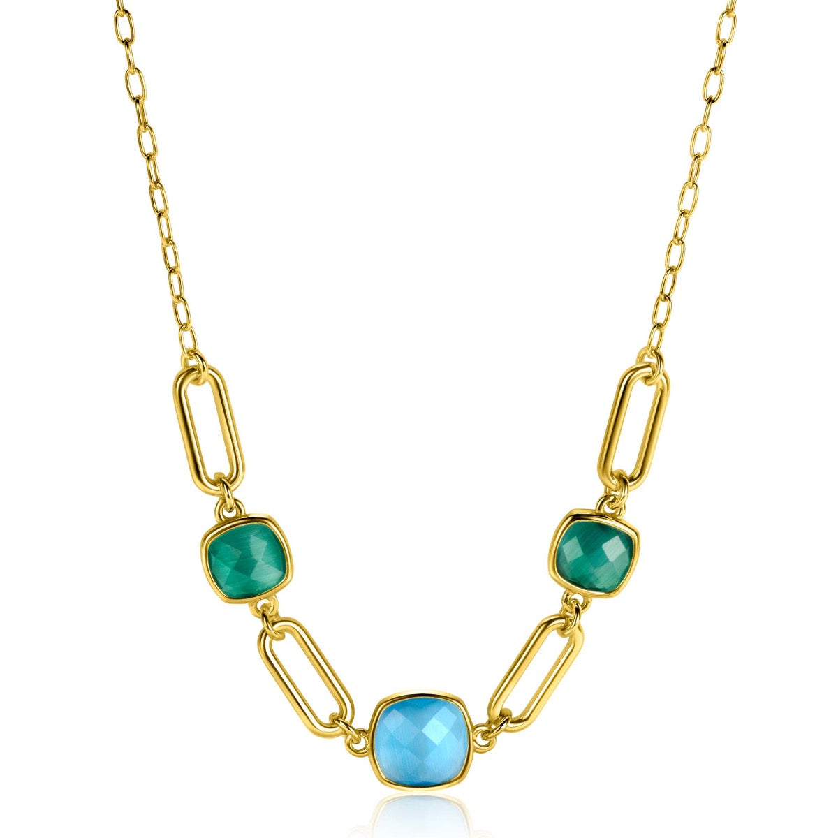 Collar dorado con tres piedras facetadas en tonos verde y azul, con eslabones rectangulares.