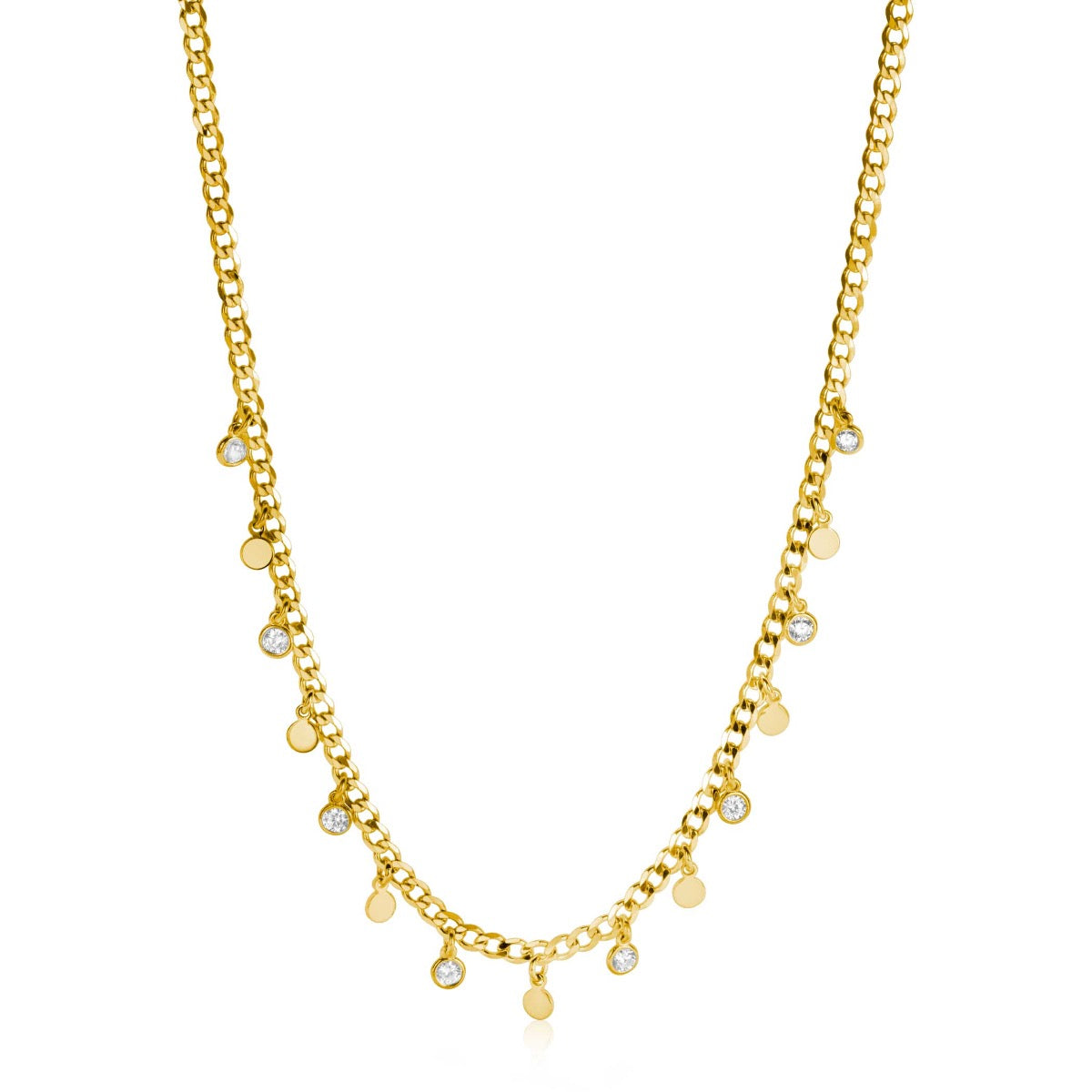 Cadena dorada con charms y detalles brillantes.