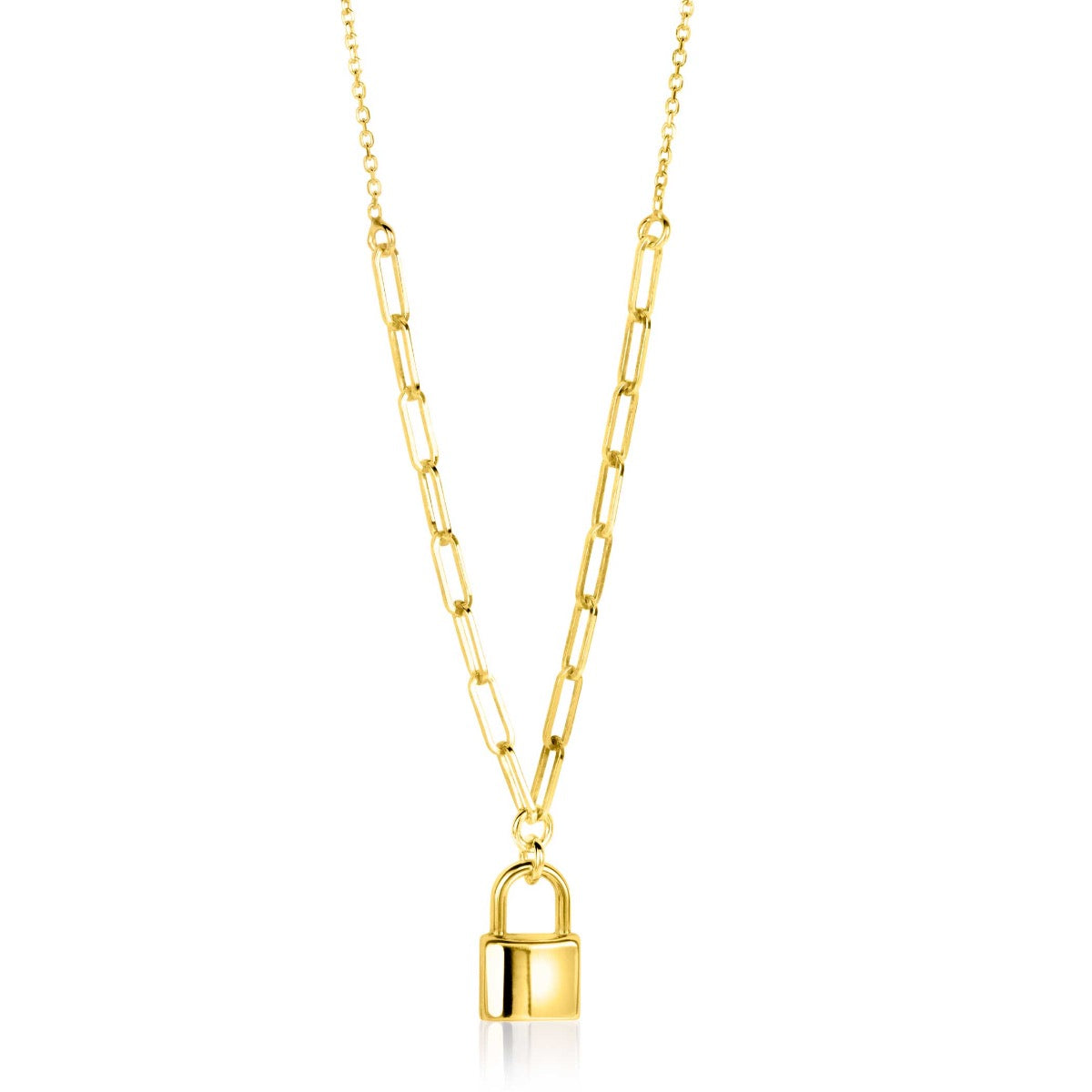 Collar dorado con eslabones y colgante en forma de candado.