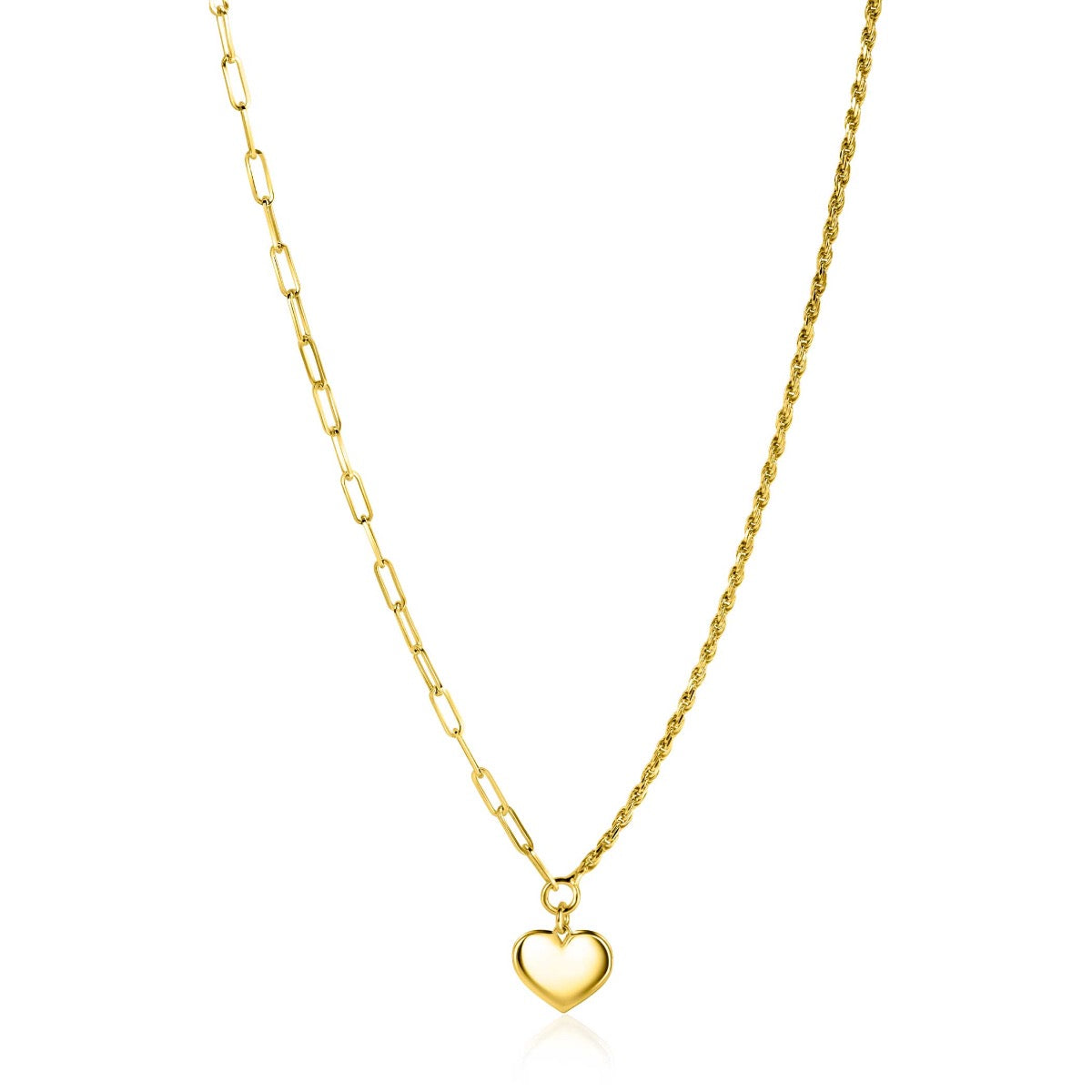 Cadena dorada con eslabones y colgante en forma de corazón.