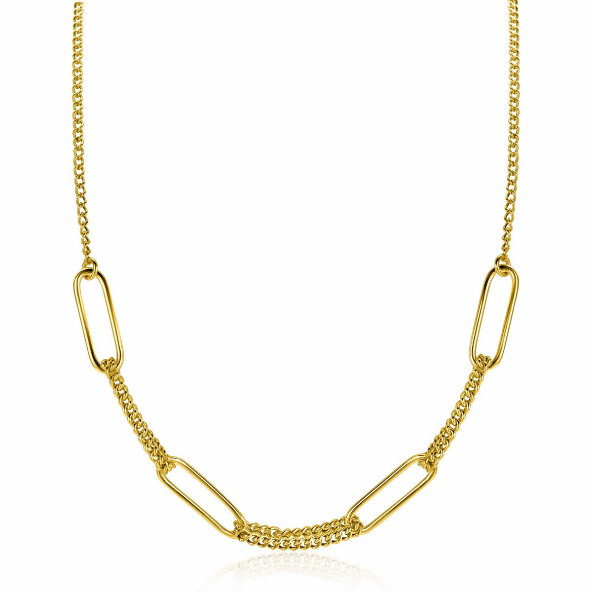 Collar dorado con eslabones rectangulares y detalles de cadena.