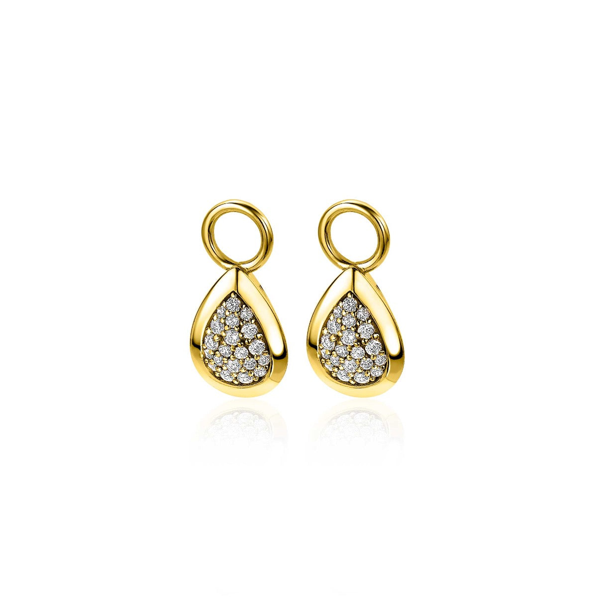 Pendientes de aro dorados con forma de gota y detalles de circonitas brillantes.