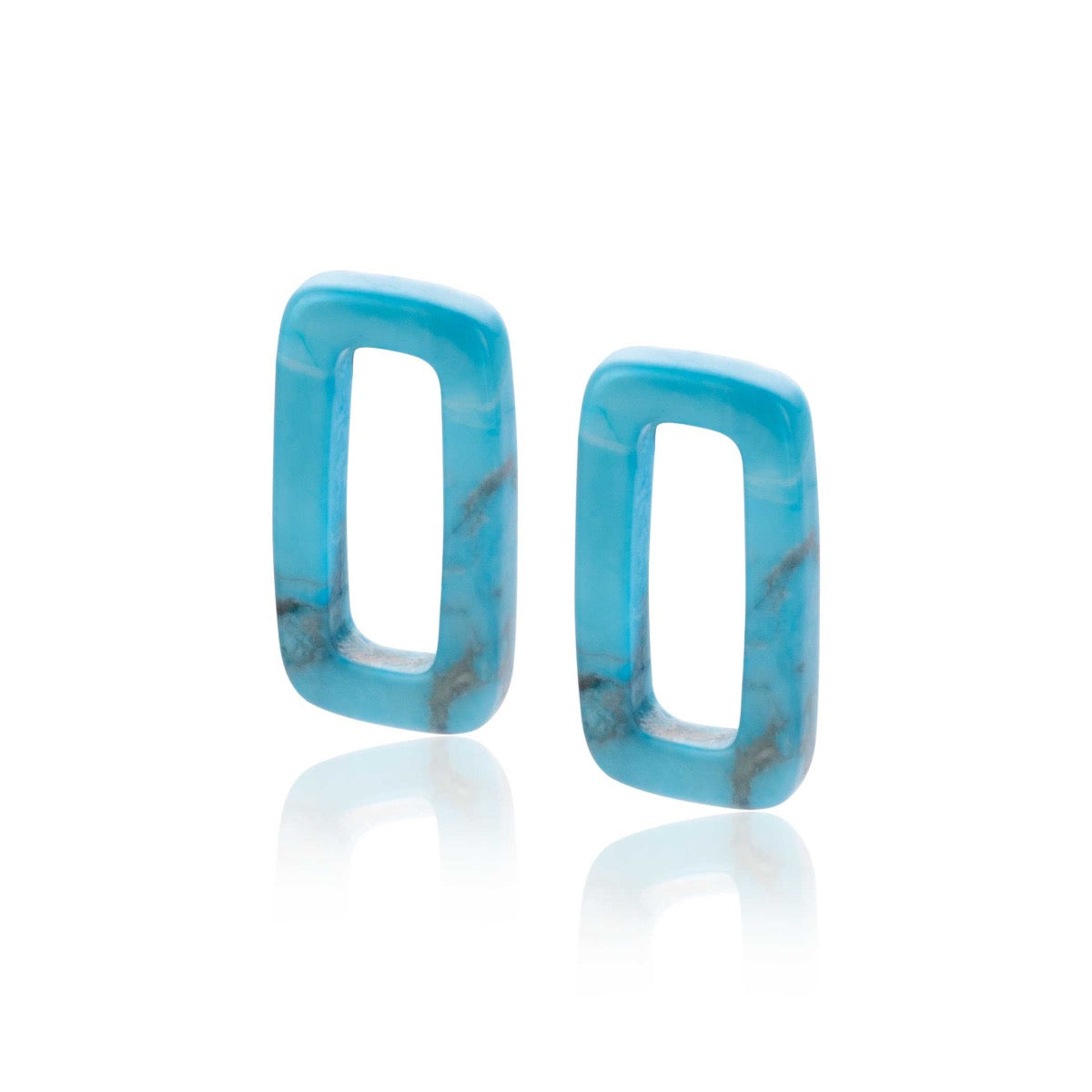 Pendientes de resina azul en forma rectangular con detalles marrones.