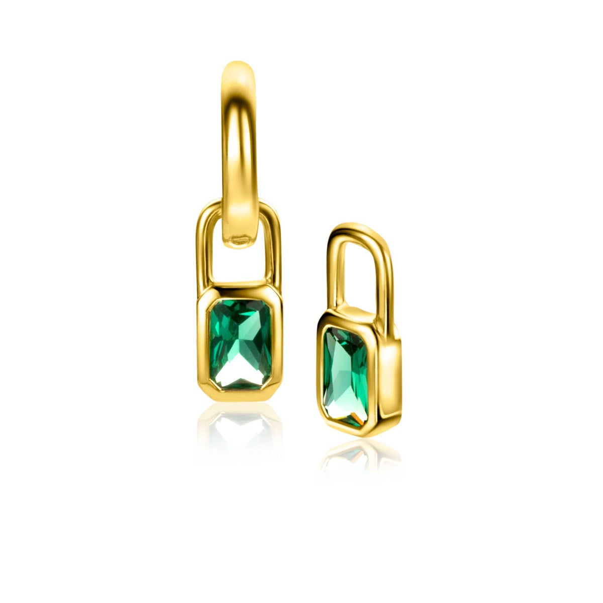 Pendientes de aro dorados con un cristal verde en forma rectangular.