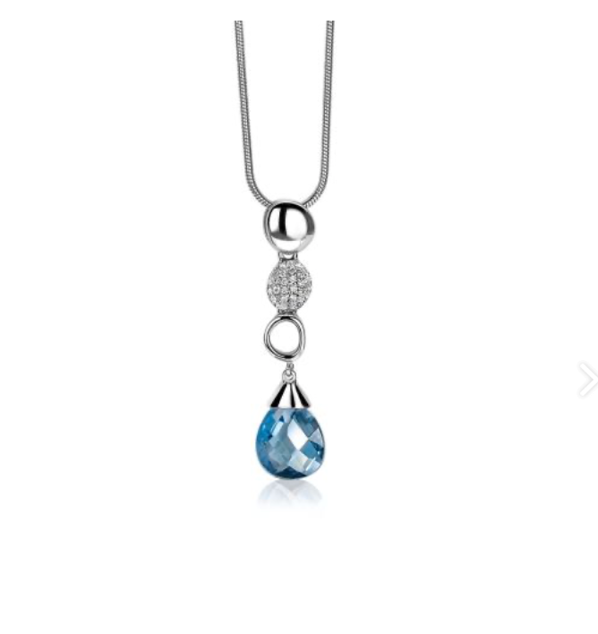 Colgante de plata con una piedra azul en forma de gota y detalles brillantes.