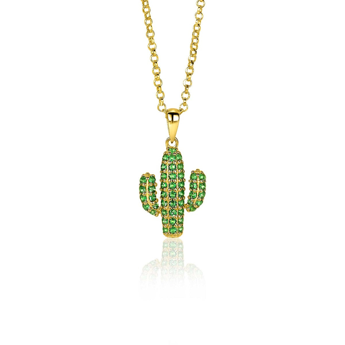 Colgante en forma de cactus, bañado en oro, con piedras verdes brillantes.