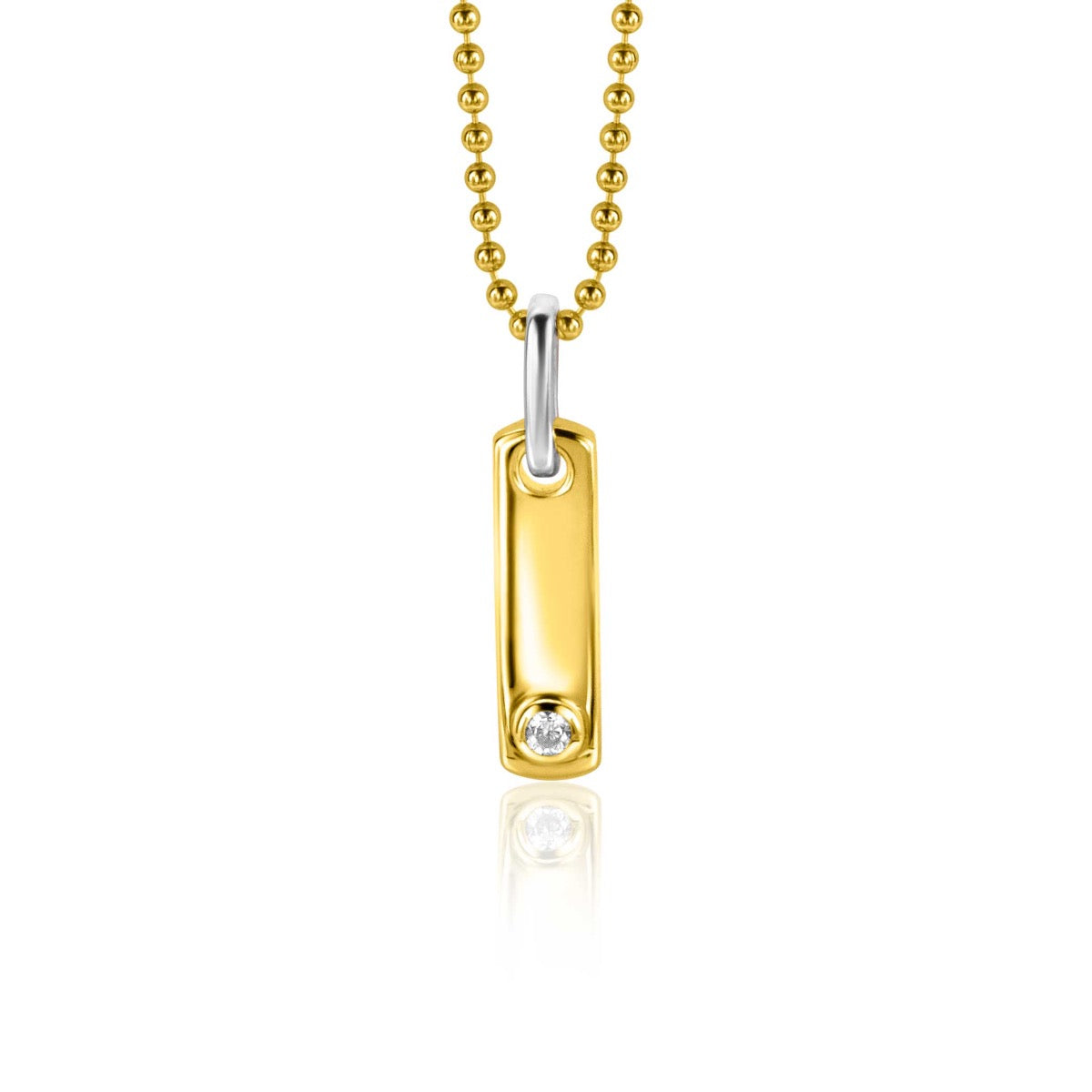 Colgante dorado con un diseño rectangular y una piedra brillante en la parte inferior.
