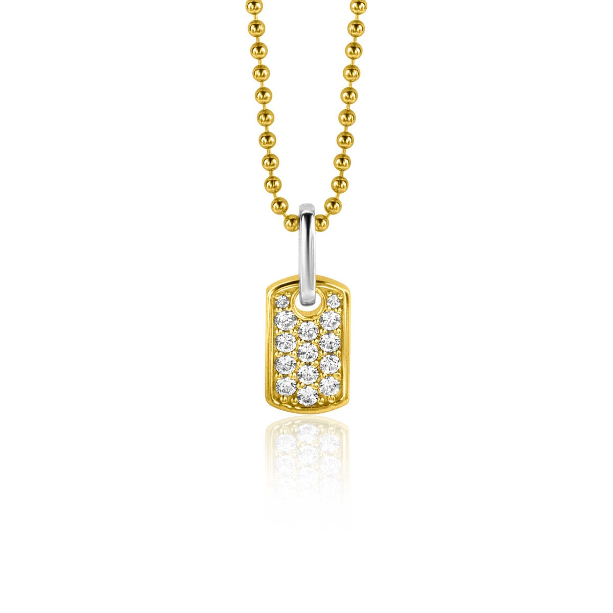 Colgante dorado con piedras brillantes, suspendido de una cadena de bolas.