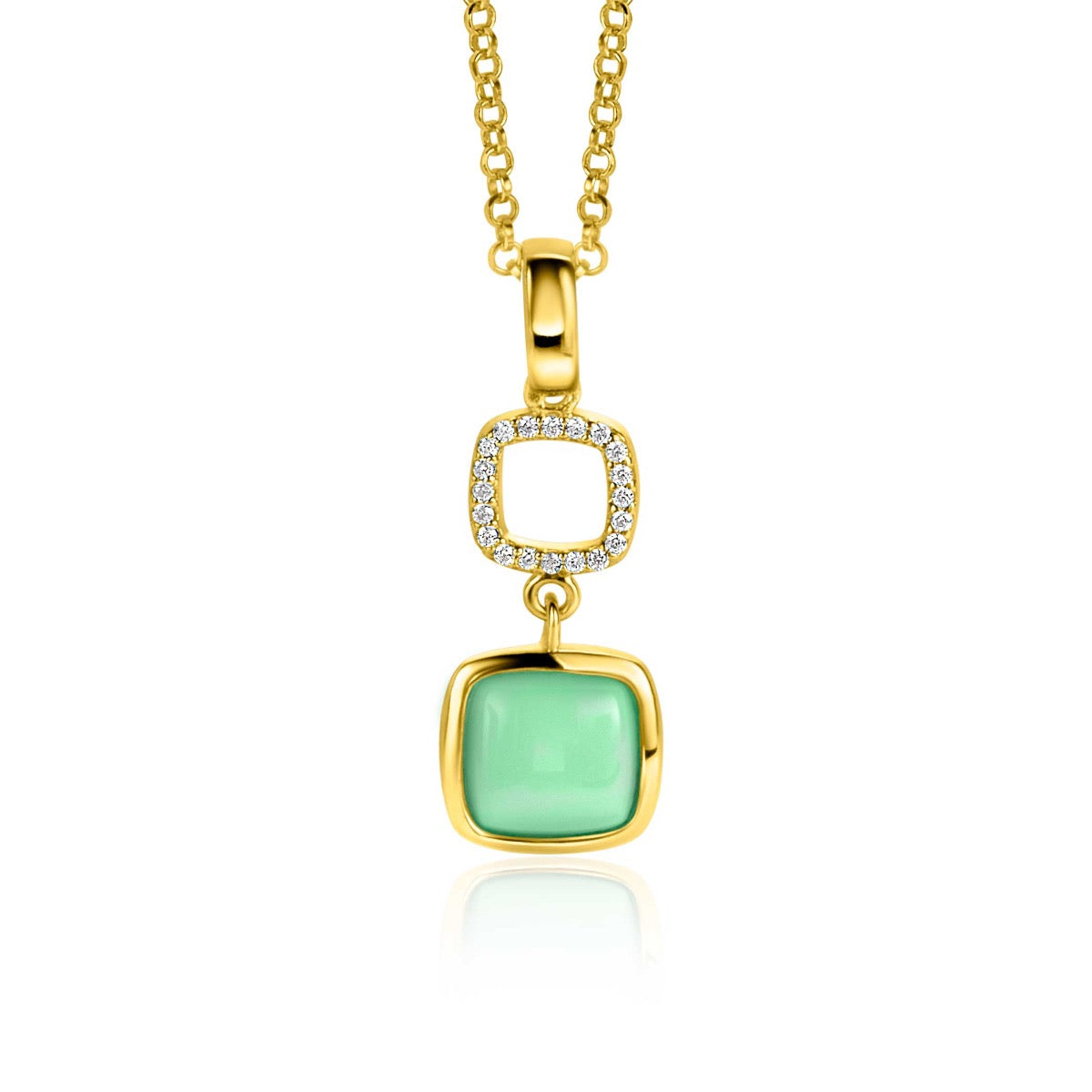 Colgante dorado con dos formas, una cuadrada con cristales y otra cuadrada verde.