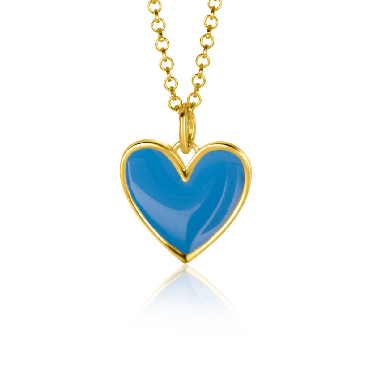 Colgante en forma de corazón azul con acabado dorado y cadena delicada.