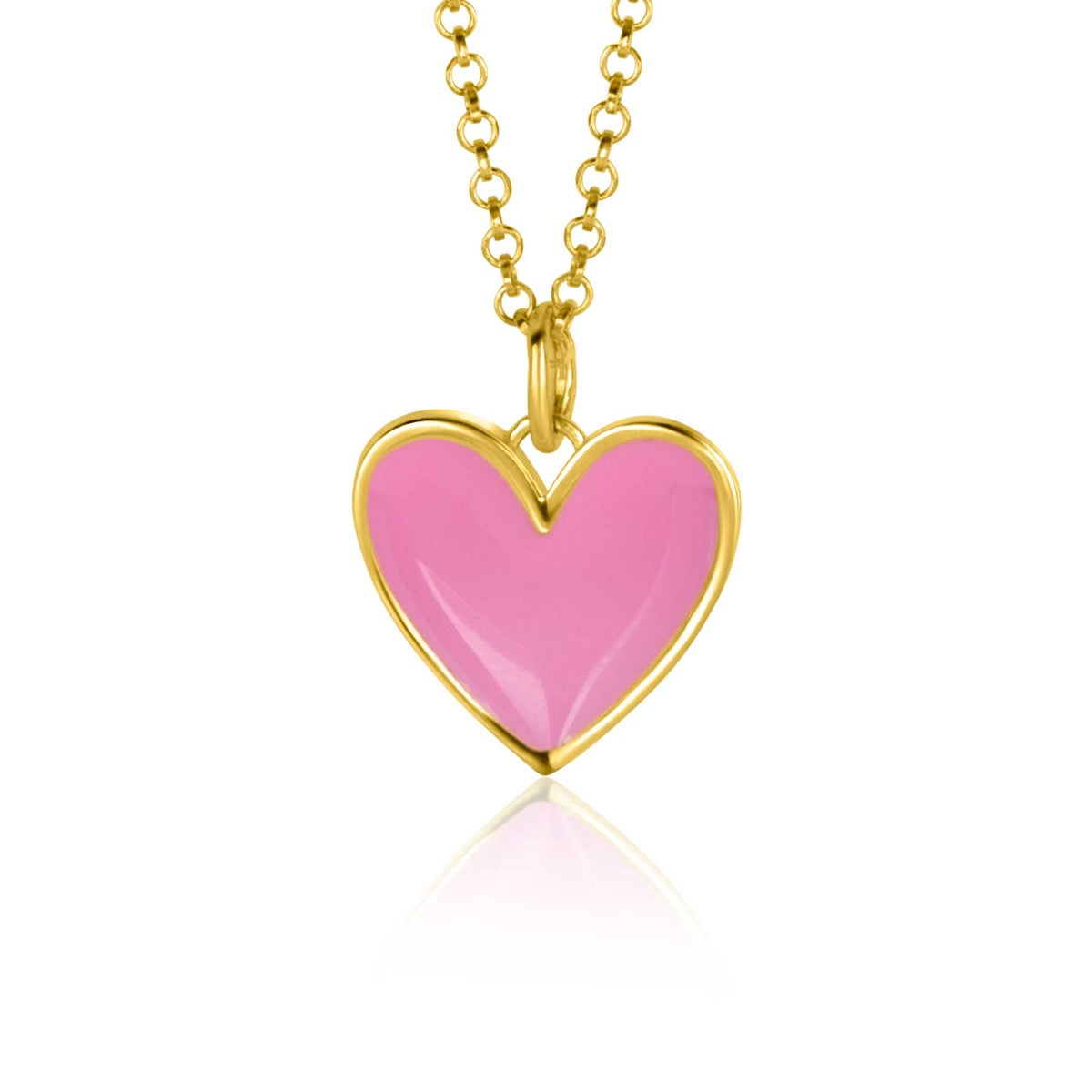 Colgante en forma de corazón rosa con acabado dorado y cadena delicada.
