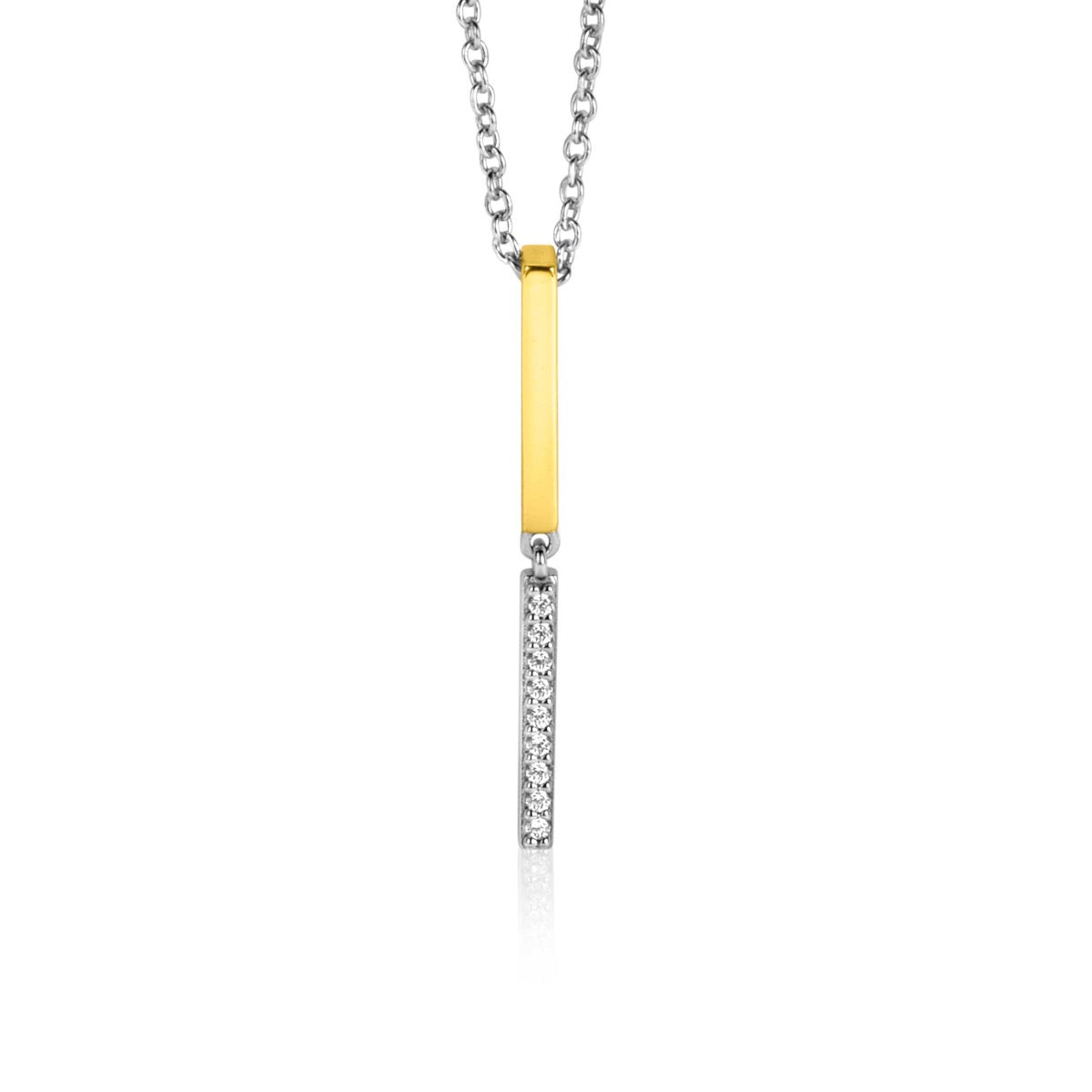 Colgante dorado con barra vertical y cadena plateada, adornado con detalles brillantes.