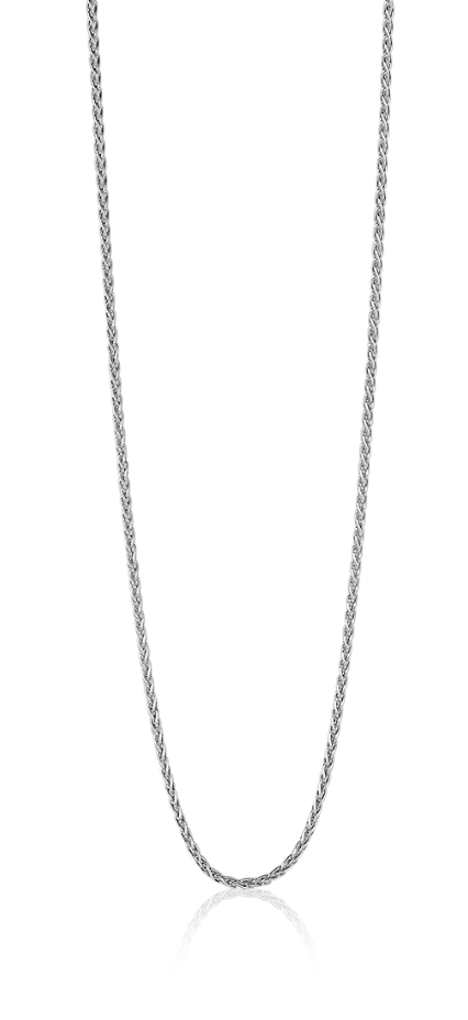 cadena de plata con diseño trenzado y acabado brillante.