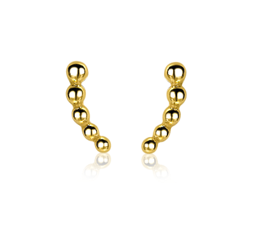 Pendientes de aro dorados con forma de curva y esferas brillantes.