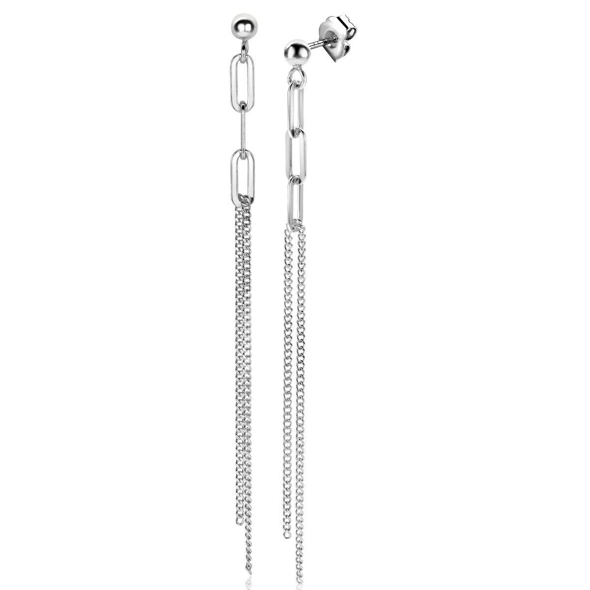 Pendientes largos de plata con eslabones y cadenas colgantes.