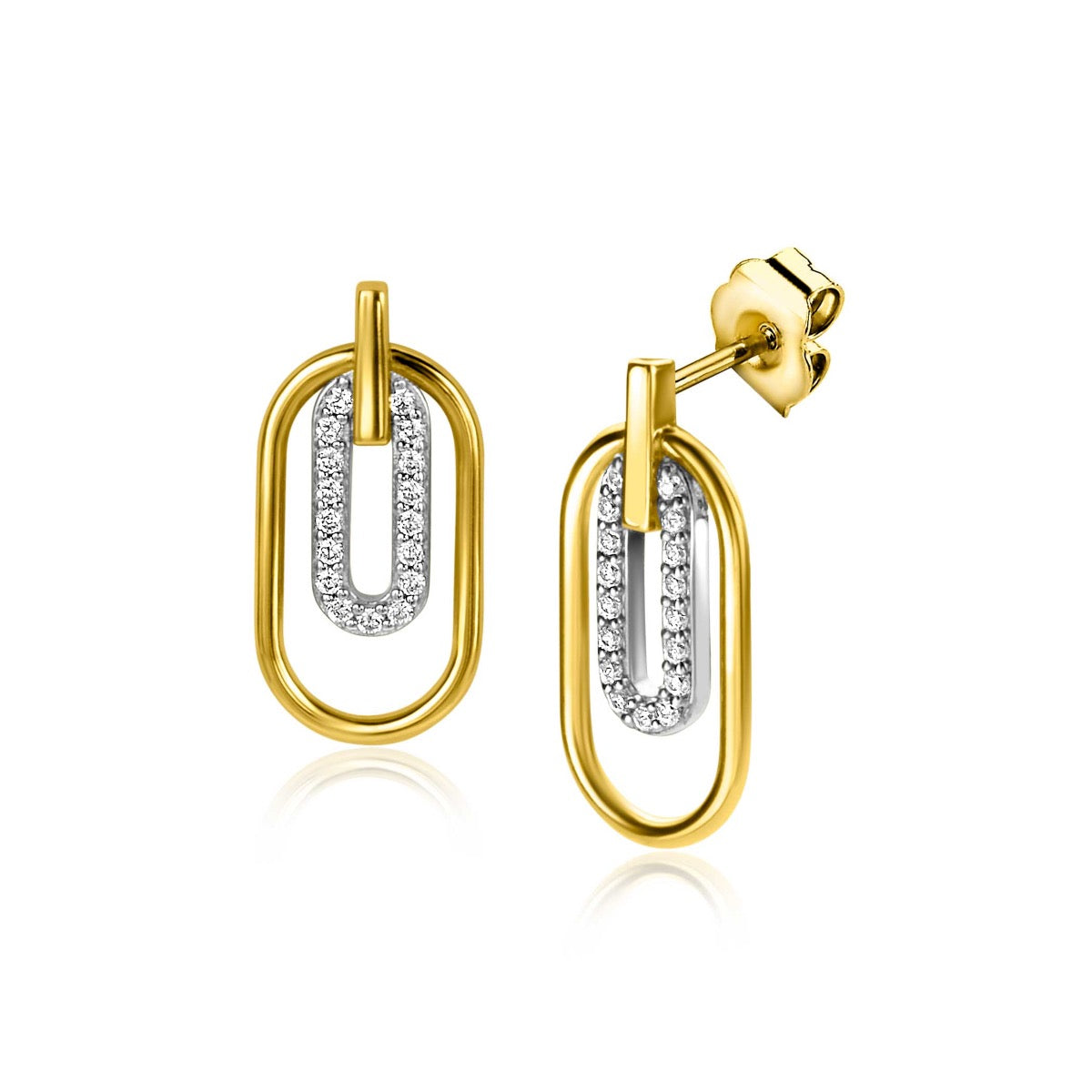 Pendientes de aro dorados con detalles de circonitas brillantes en forma ovalada.