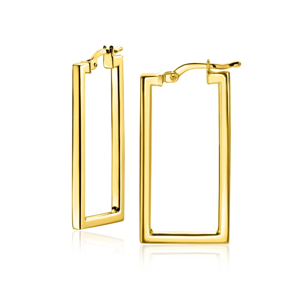 Pendientes de aro dorados con forma rectangular y acabado brillante.