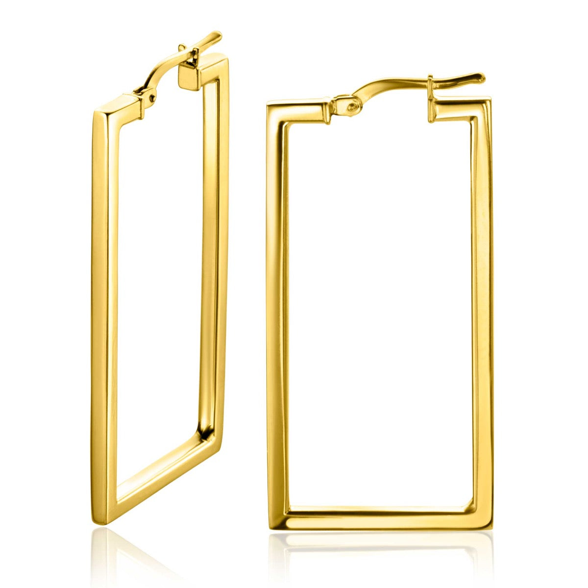 Pendientes de aro dorados con forma rectangular y acabado pulido.