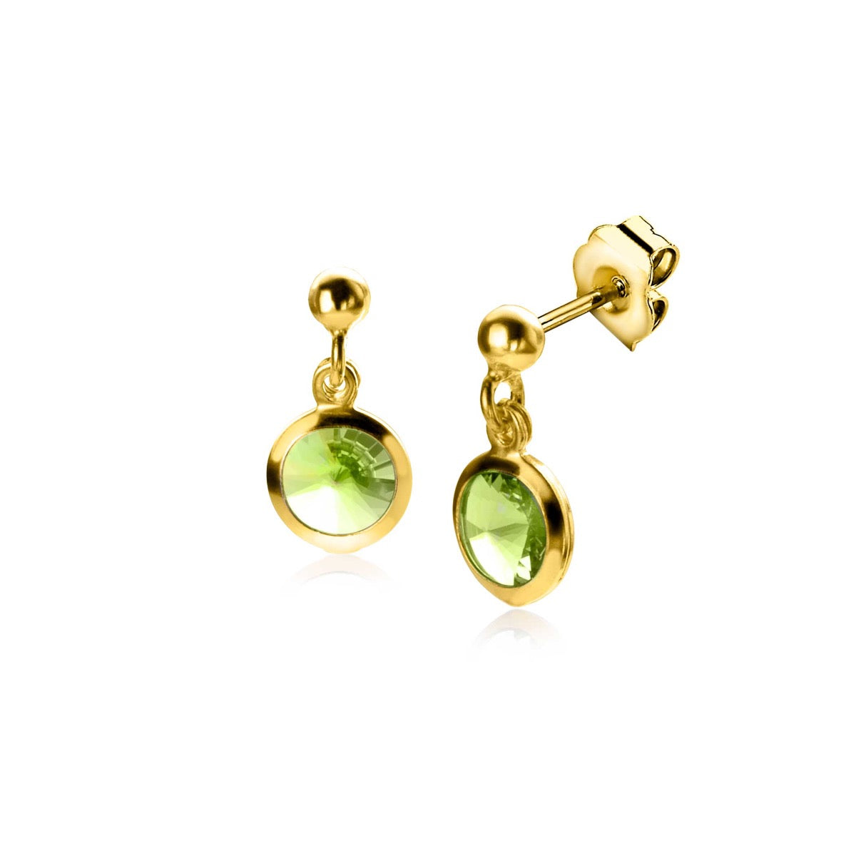 Pendientes de oro con piedra verde en forma de círculo y detalle colgante.