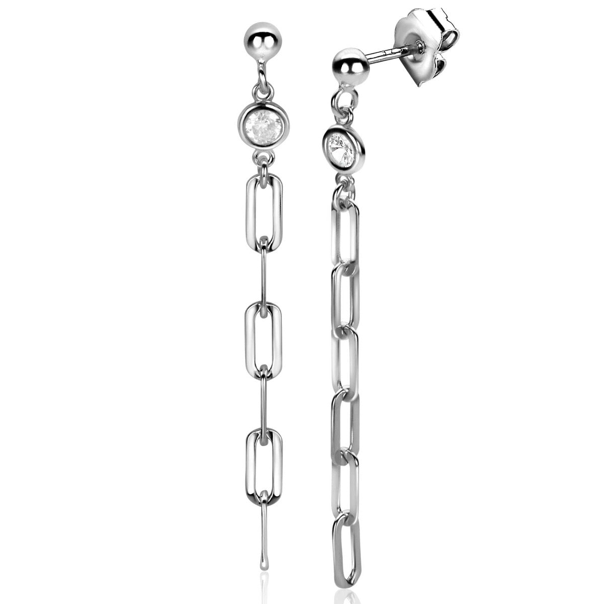 Pendientes largos de plata con eslabones y detalles de cristal.