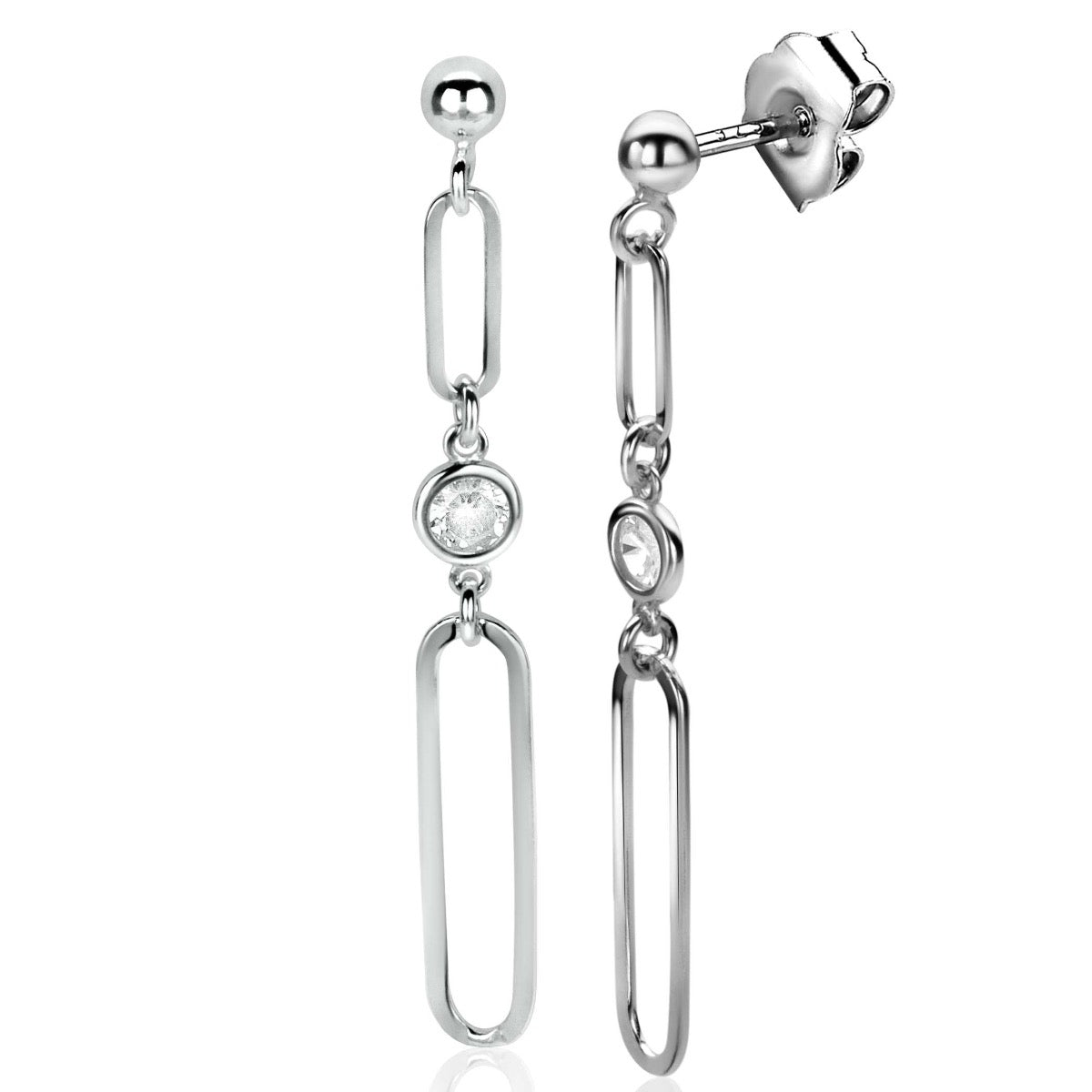 Pendientes largos de plata con eslabones y piedras brillantes.
