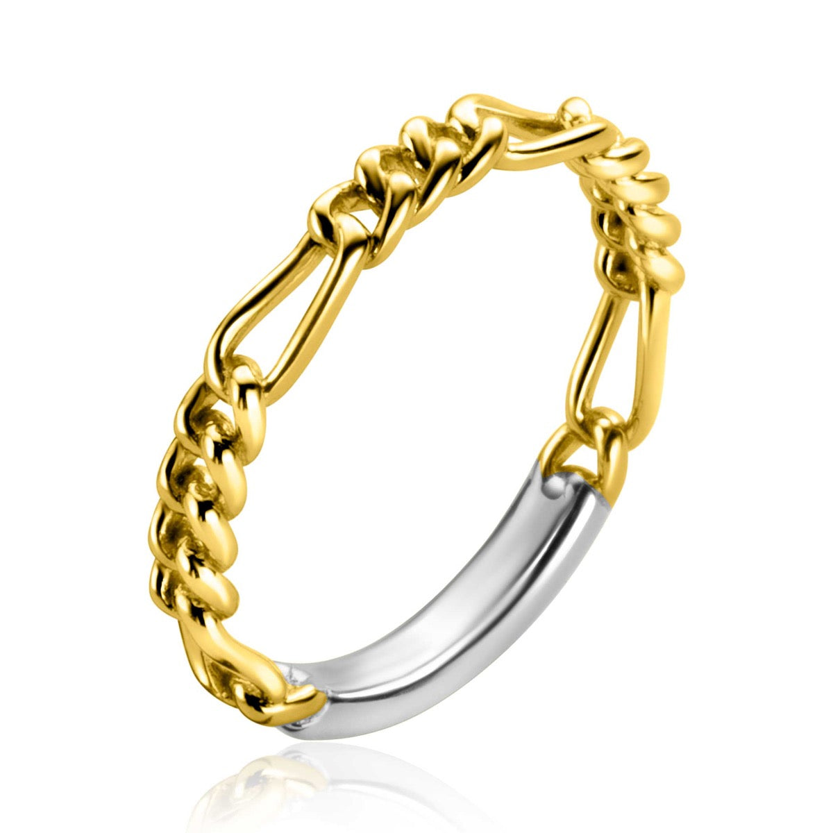 Anillo dorado con detalles en plata y diseño entrelazado.