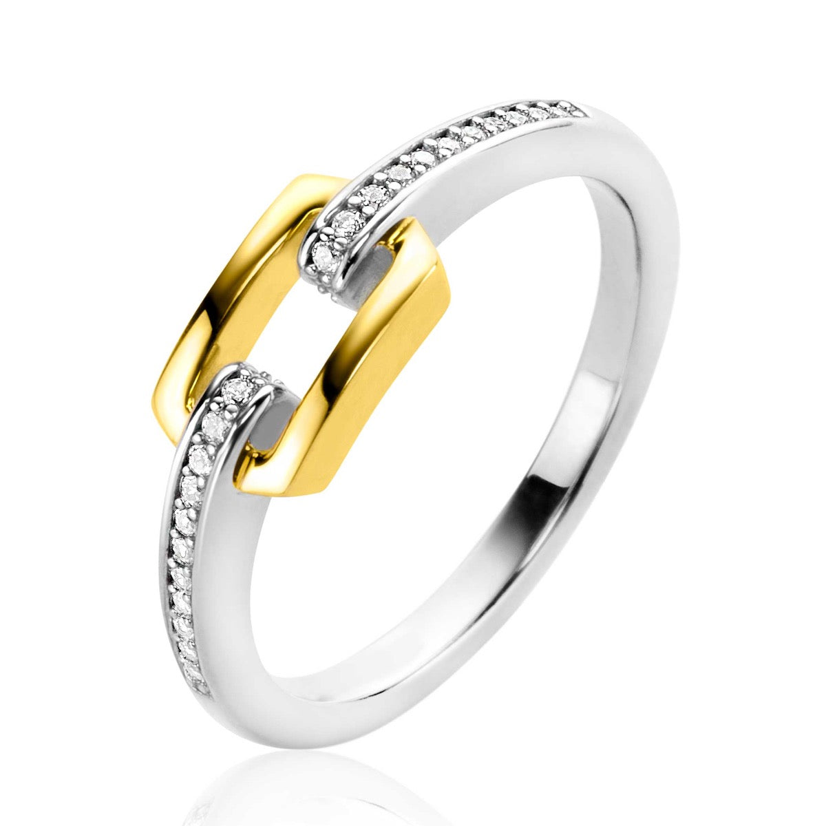 Anillo de acero inoxidable dorado y plateado con detalles de circonitas.
