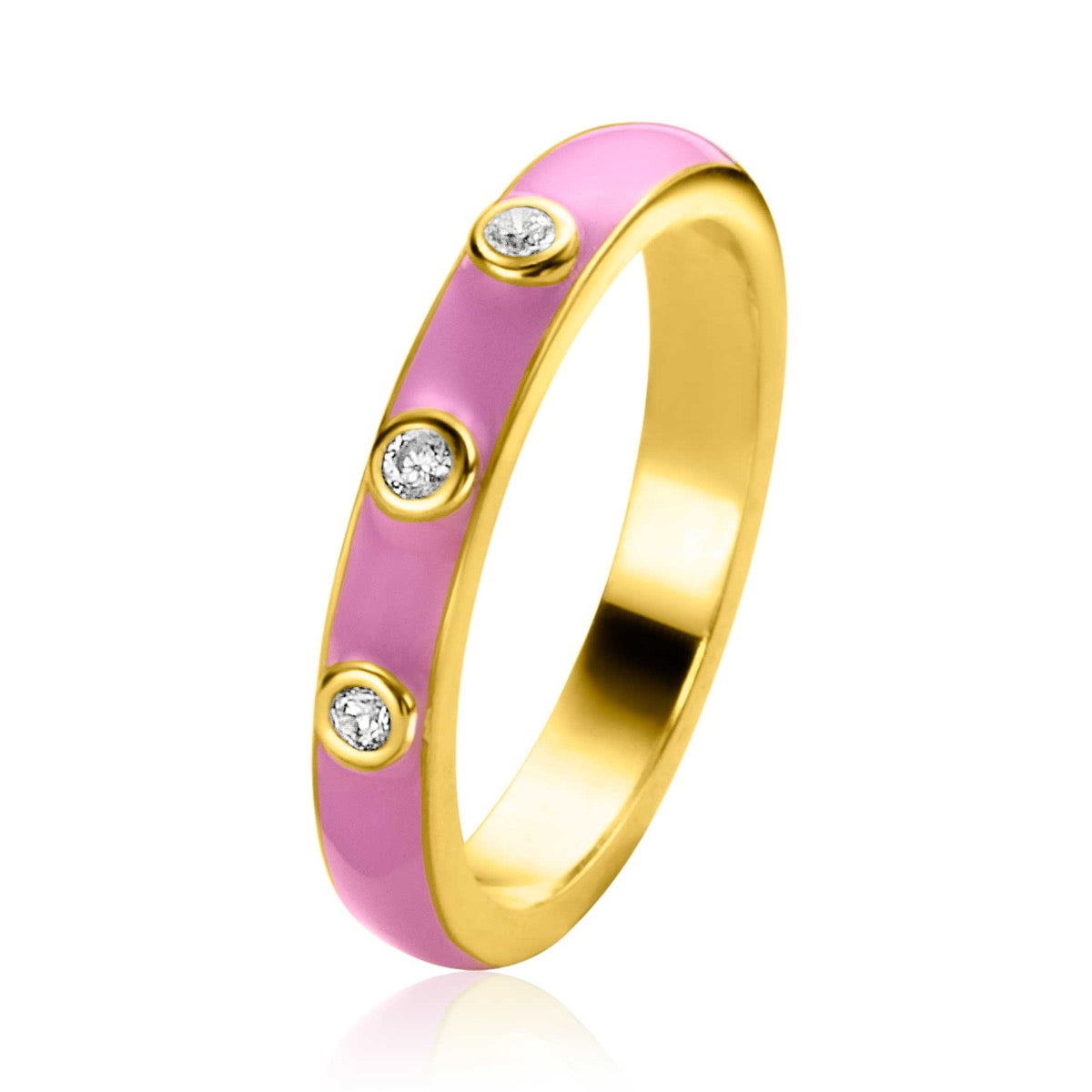 Anillo dorado con esmalte rosa y tres circonitas brillantes.