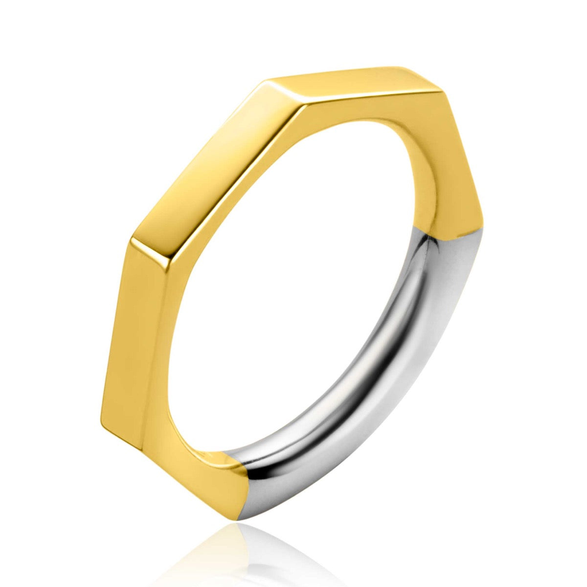 Anillo dorado con acabado plateado y forma hexagonal.