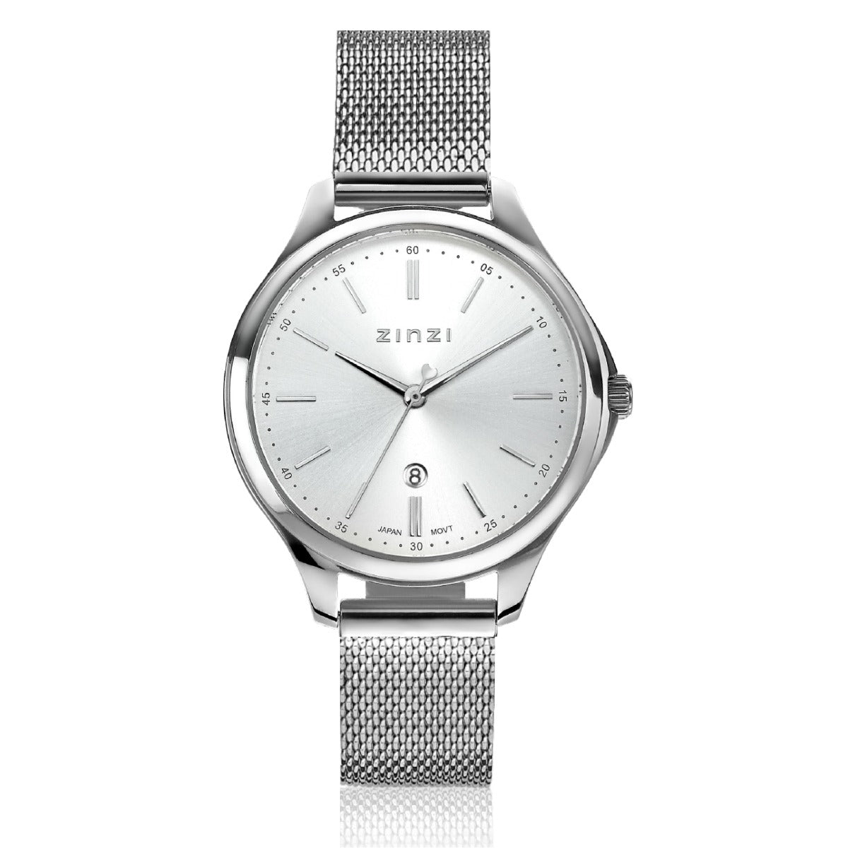 Reloj de acero plateado con esfera plateada y correa de malla metálica.