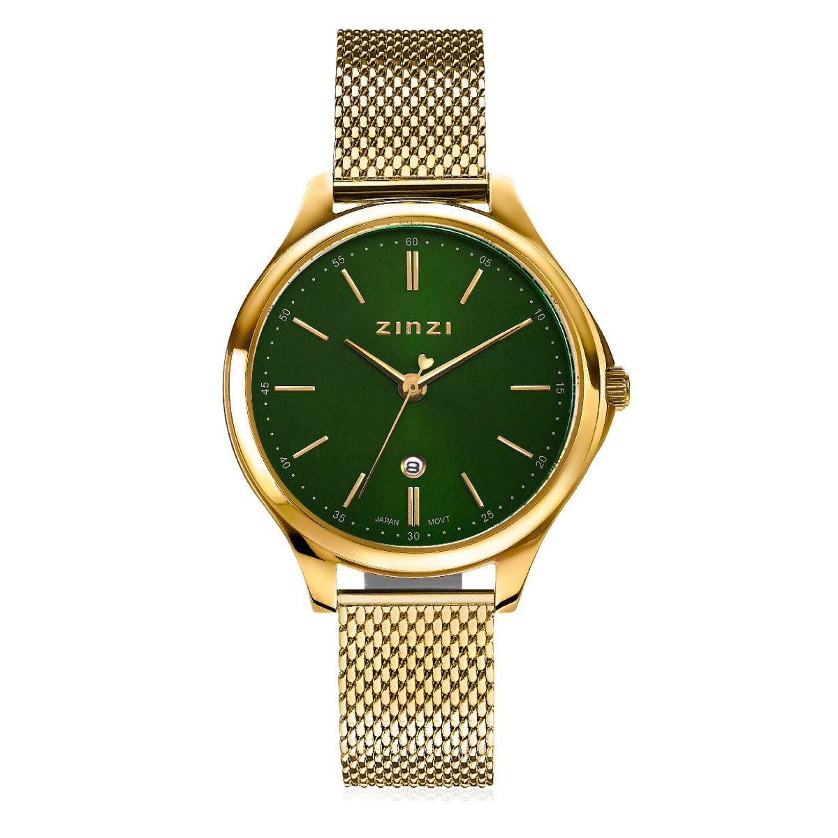 Reloj dorado con esfera verde y correa de malla metálica.