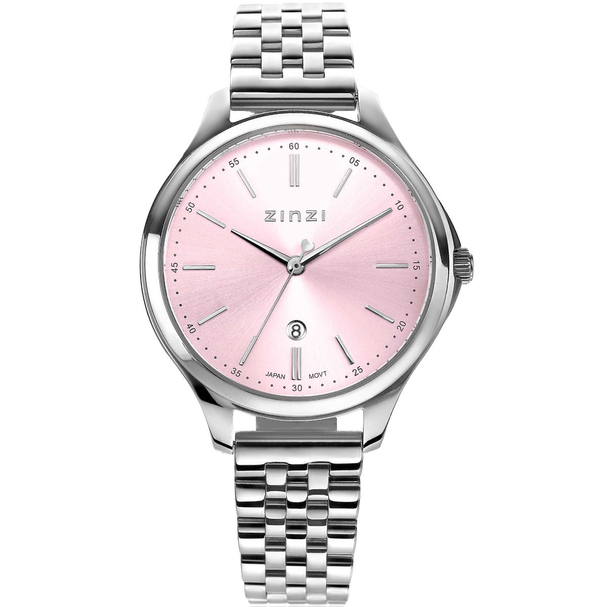 Reloj de acero plateado con esfera rosa y correa de malla.