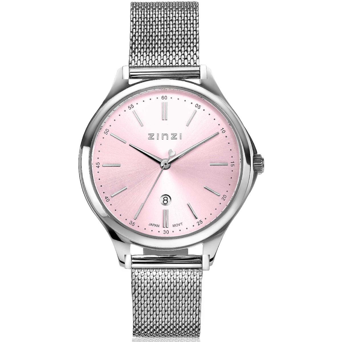 Reloj de acero color plateado con esfera rosa y correa de malla.