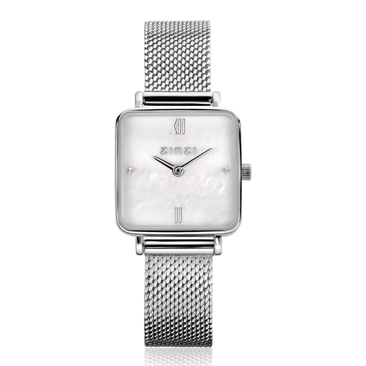 Reloj de acero plateado con esfera cuadrada y malla metálica.