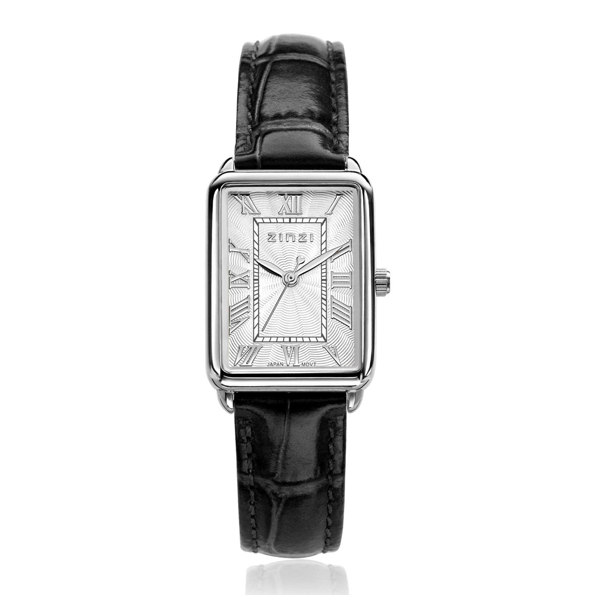 Reloj de acero plateado con esfera rectangular y correa de cuero negra.