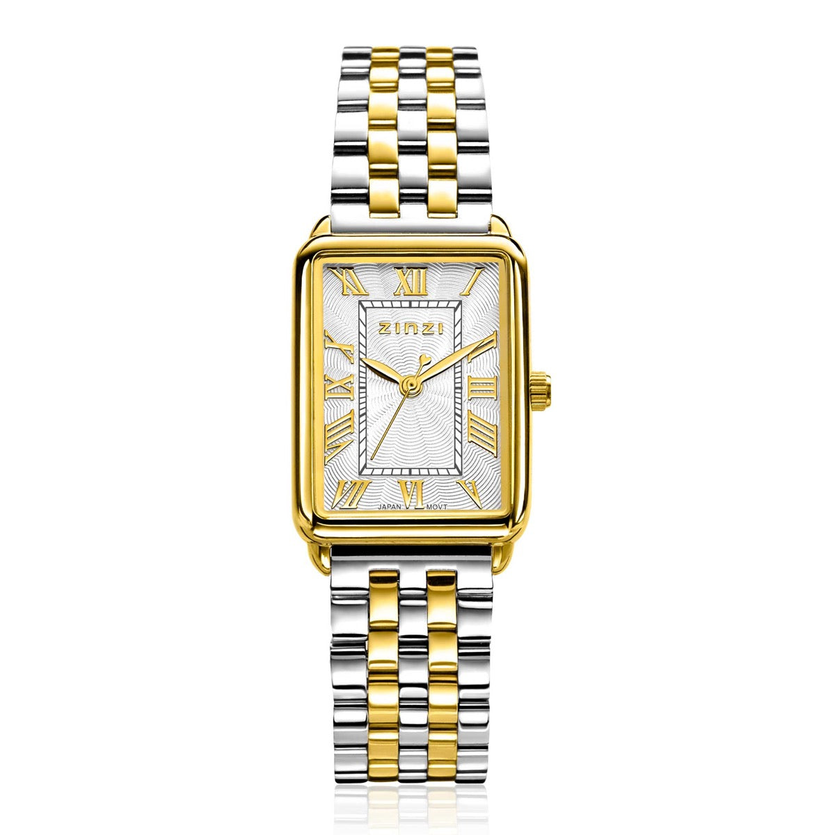 Reloj rectangular de acero con acabado en dorado y plateado, esfera blanca con detalles dorados.