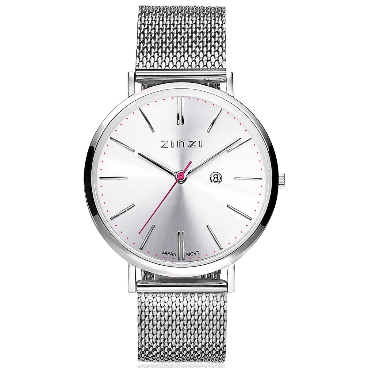 Reloj de acero color plateado con esfera plateada y correa de malla.